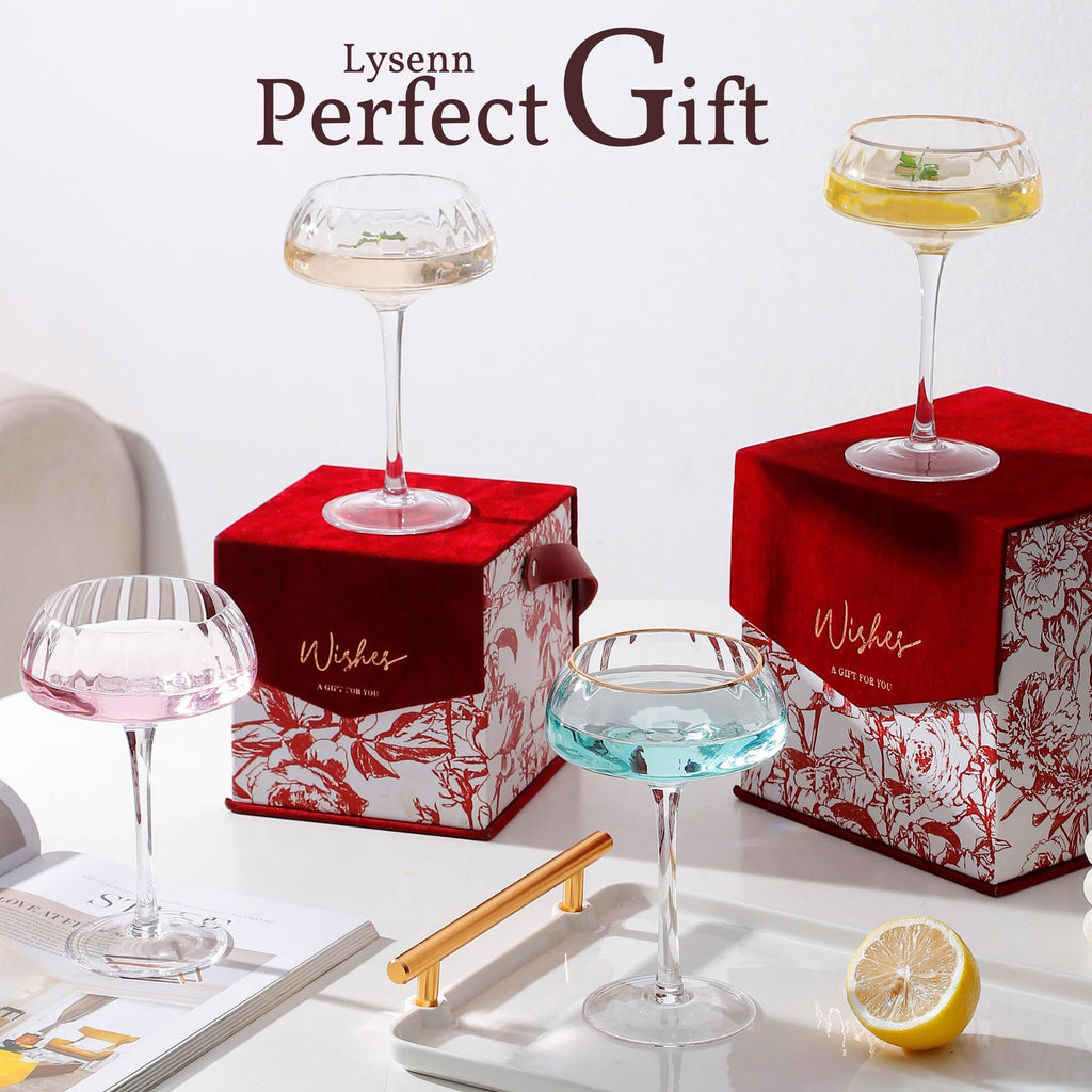 Coupe Glasses Set of 4 Hand Blown 8.45 oz Gold Rim W4473