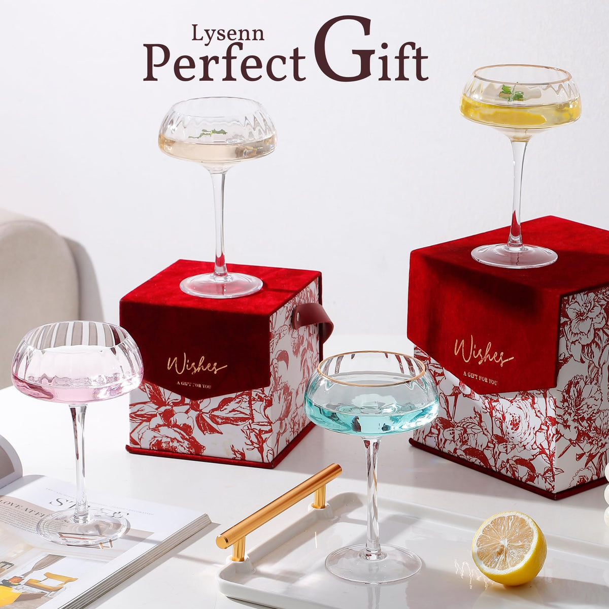 Coupe Glasses Set of 4 Hand Blown 8.45 oz Gold Rim W4473