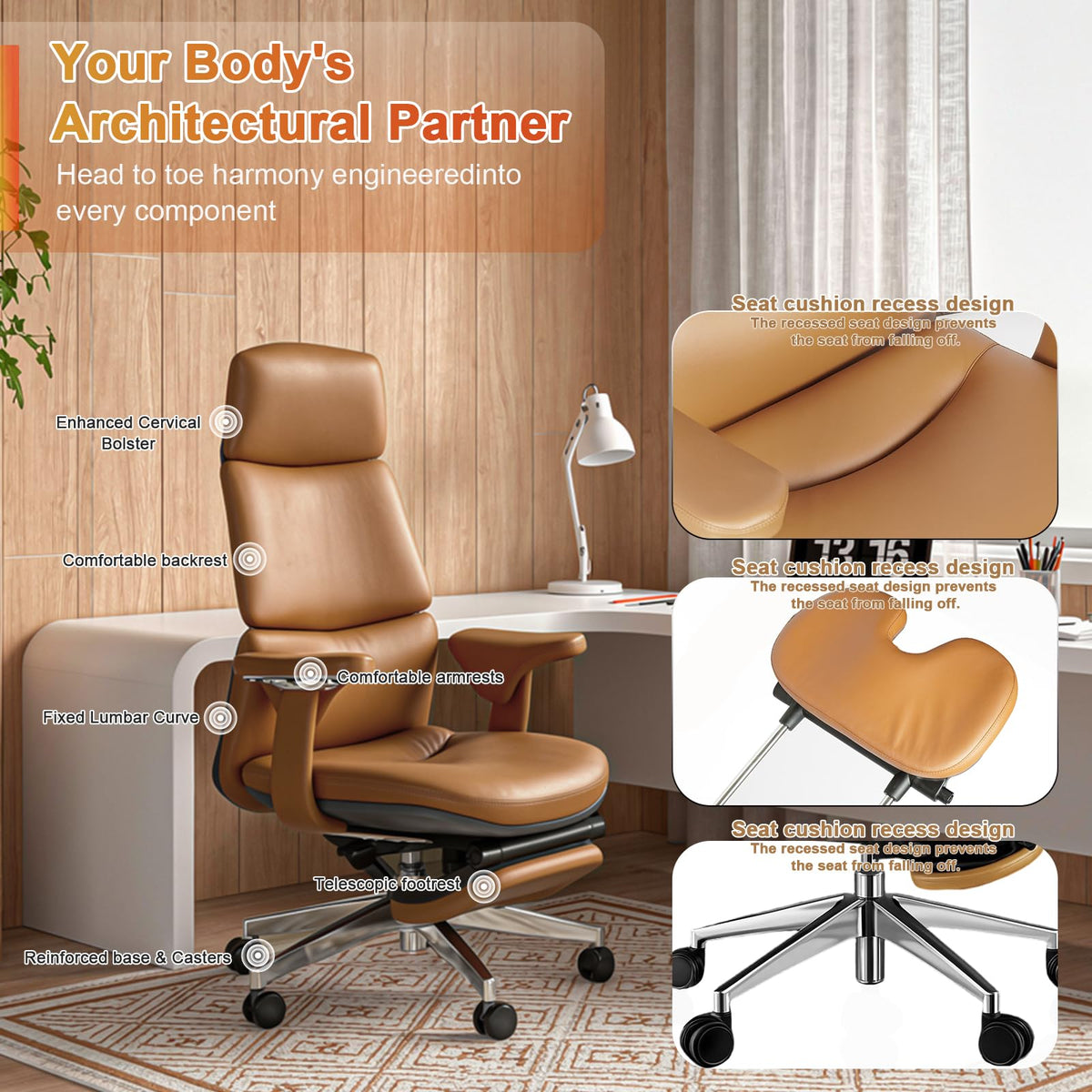 Ergonomic Genuine Leather Office Chair with Footrest J444464