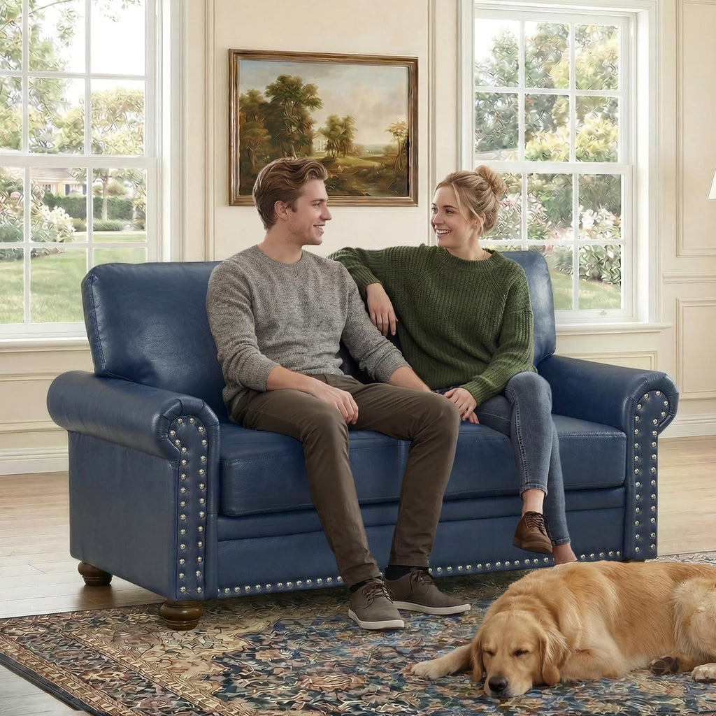 Navy Blue Faux Leather 2 Seater Sofa with Nailhead Trim J217
