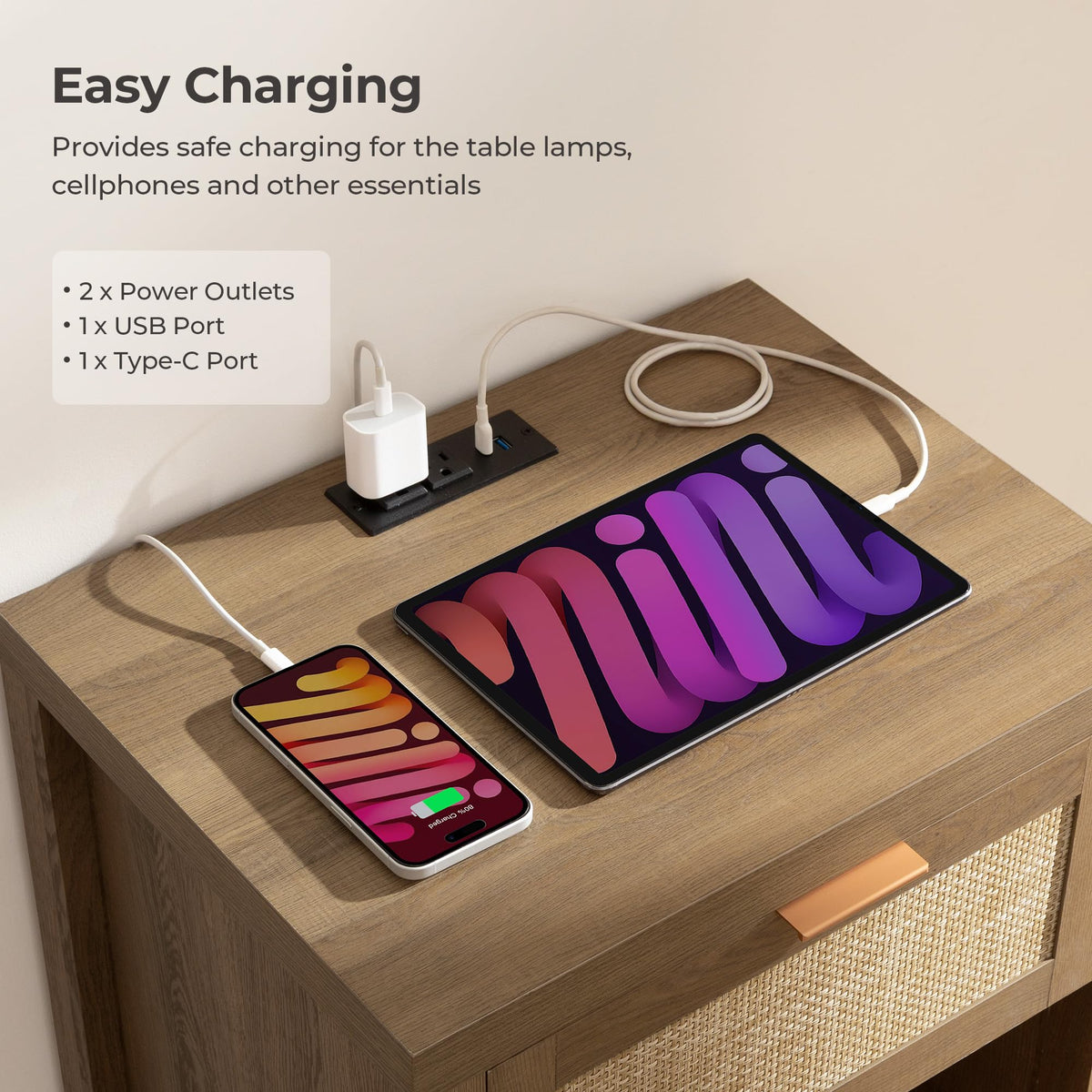 Rattan Night Stand with Charging Station T16954