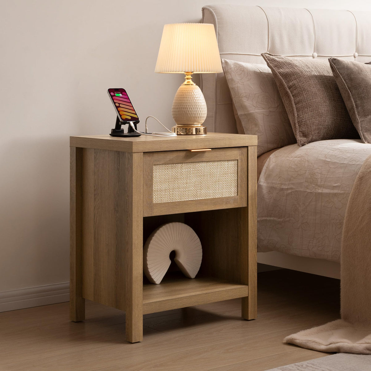 Rattan Night Stand with Charging Station T16954