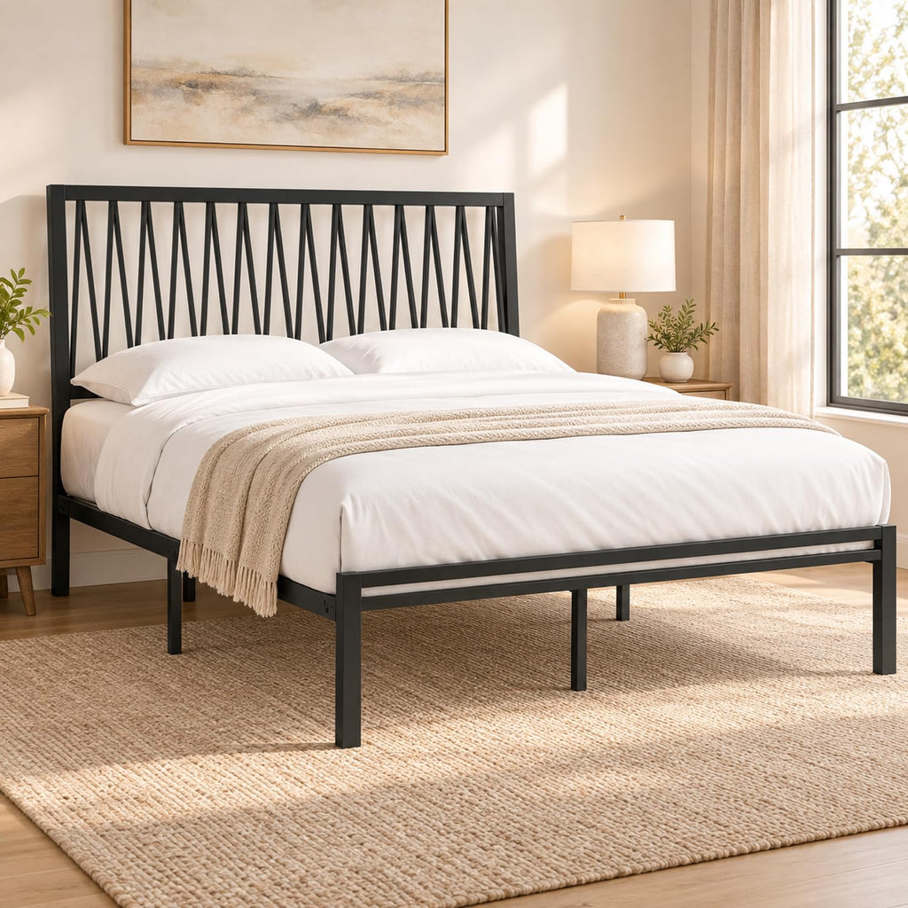 Black Metal Queen Bed Frame with Geometric Headboard Q727612