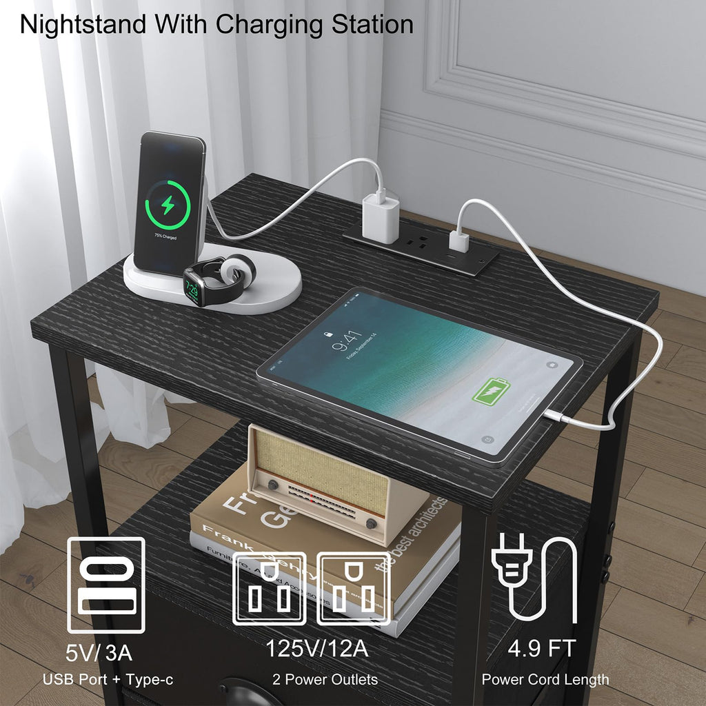 Black Nightstand with Charging Station and 2 Fabric Drawers V689