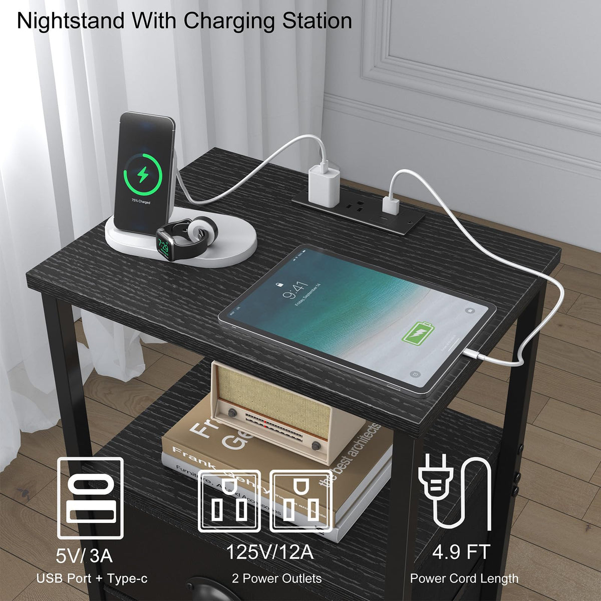 Black Nightstand with Charging Station and 2 Fabric Drawers V689