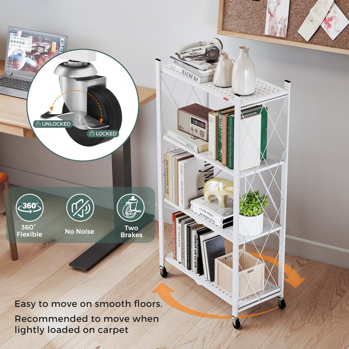 4 Tier White Metal Storage Shelves with Wheels D60205