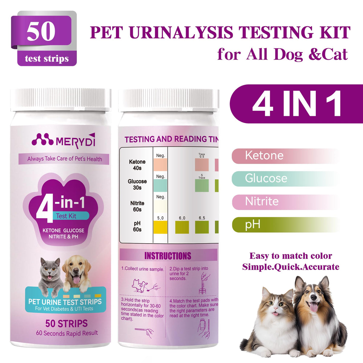 Dog & Cat Urine Test Strips, 4-in-1 Pet Urinalysis Testing Kit K1680