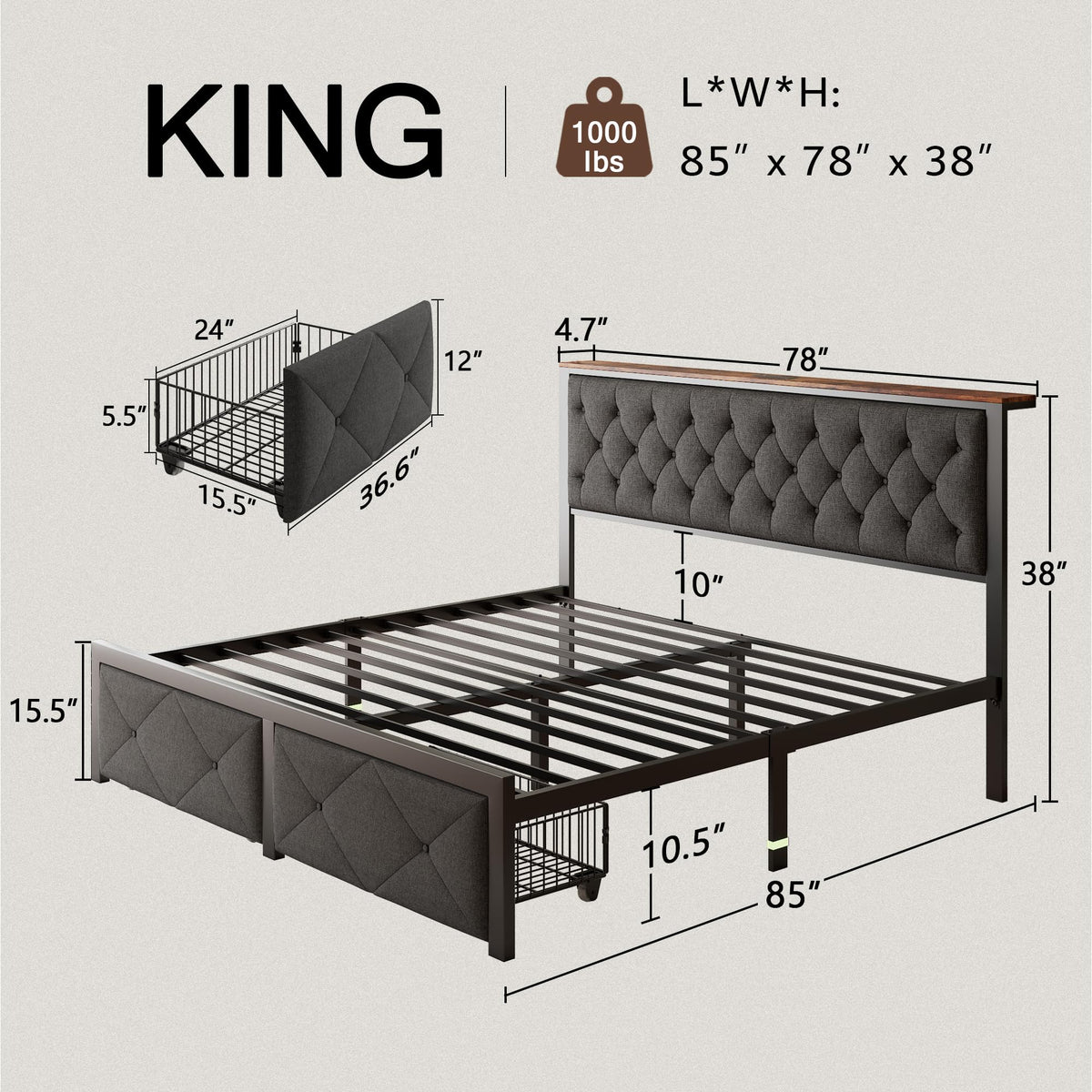 King Size Metal Platform Bed Frame with 2 Storage Drawers S24401
